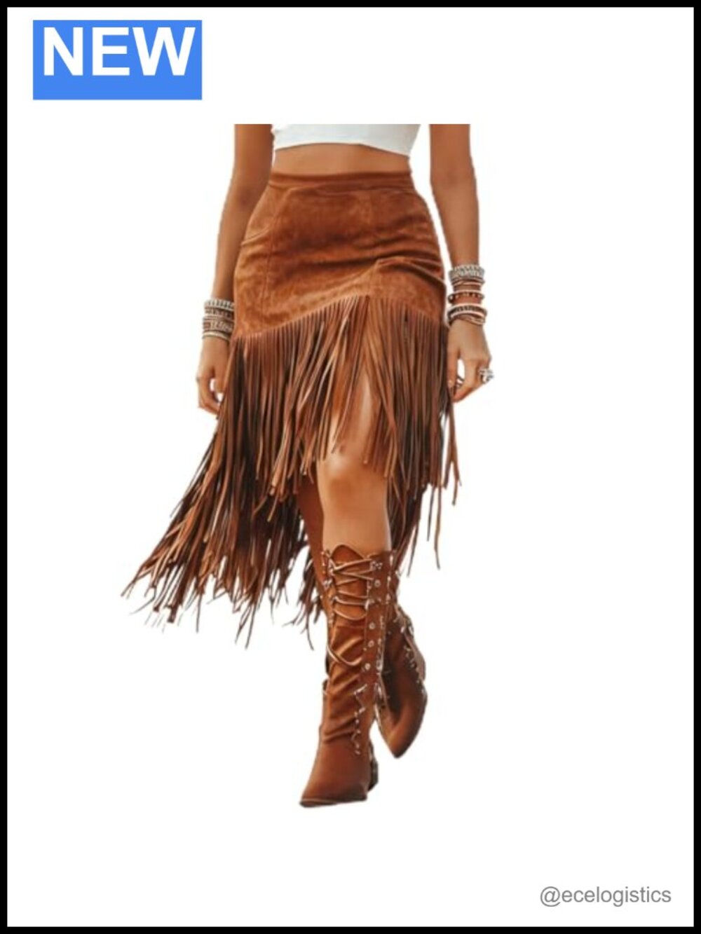 Fringe Faux Suede Skirt Irregular Western Tassel High Waist A-Line Midi Skirt
